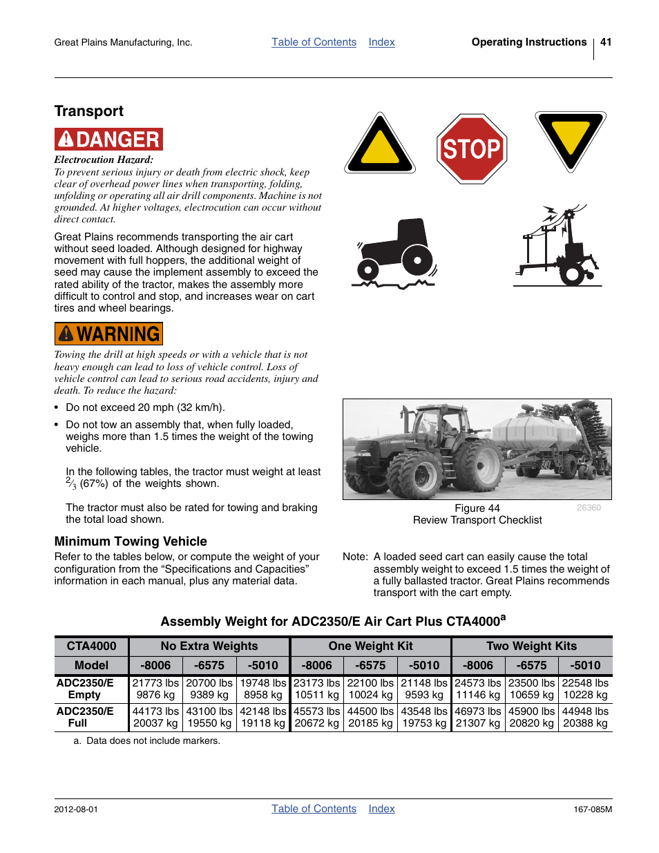 Transport, Minimum towing vehicle, Adc2350/e empty | Adc2350/e full | Great Plains ADC2350BE Operator Manual User Manual | Page 45 / 108