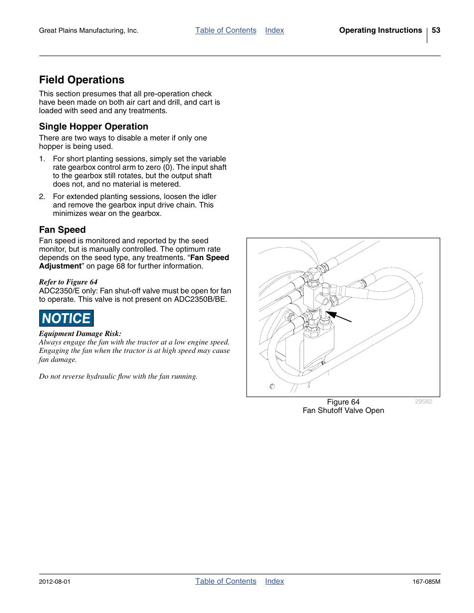 Field operations, Single hopper operation, Fan speed | Single hopper operation fan speed | Great Plains ADC2350BE Operator Manual User Manual | Page 57 / 108