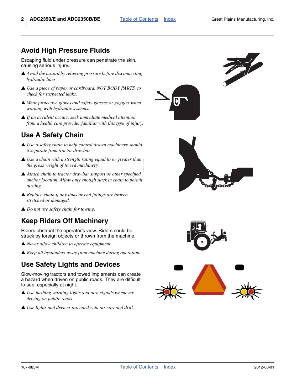 Avoid high pressure fluids, Use a safety chain, Keep riders off machinery | Use safety lights and devices | Great Plains ADC2350BE Operator Manual User Manual | Page 6 / 108