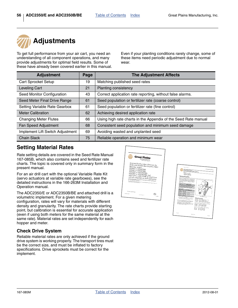 Adjustments, Setting material rates, Check drive system | Adjustments setting material rates, Adjustment page the adjustment affects, Table of contents index, Great plains manufacturing, inc, 085m | Great Plains ADC2350BE Operator Manual User Manual | Page 60 / 108