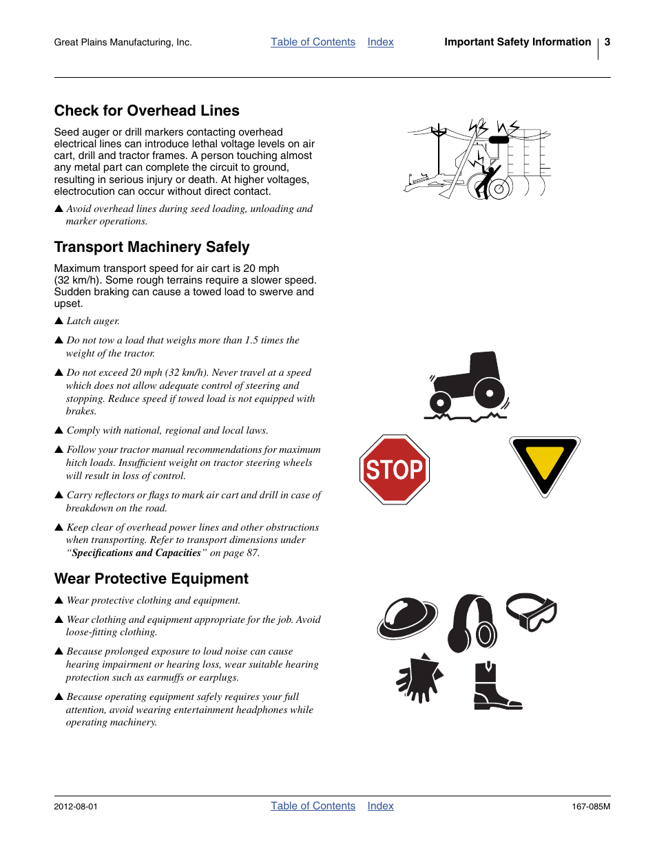 Check for overhead lines, Transport machinery safely, Wear protective equipment | Great Plains ADC2350BE Operator Manual User Manual | Page 7 / 108