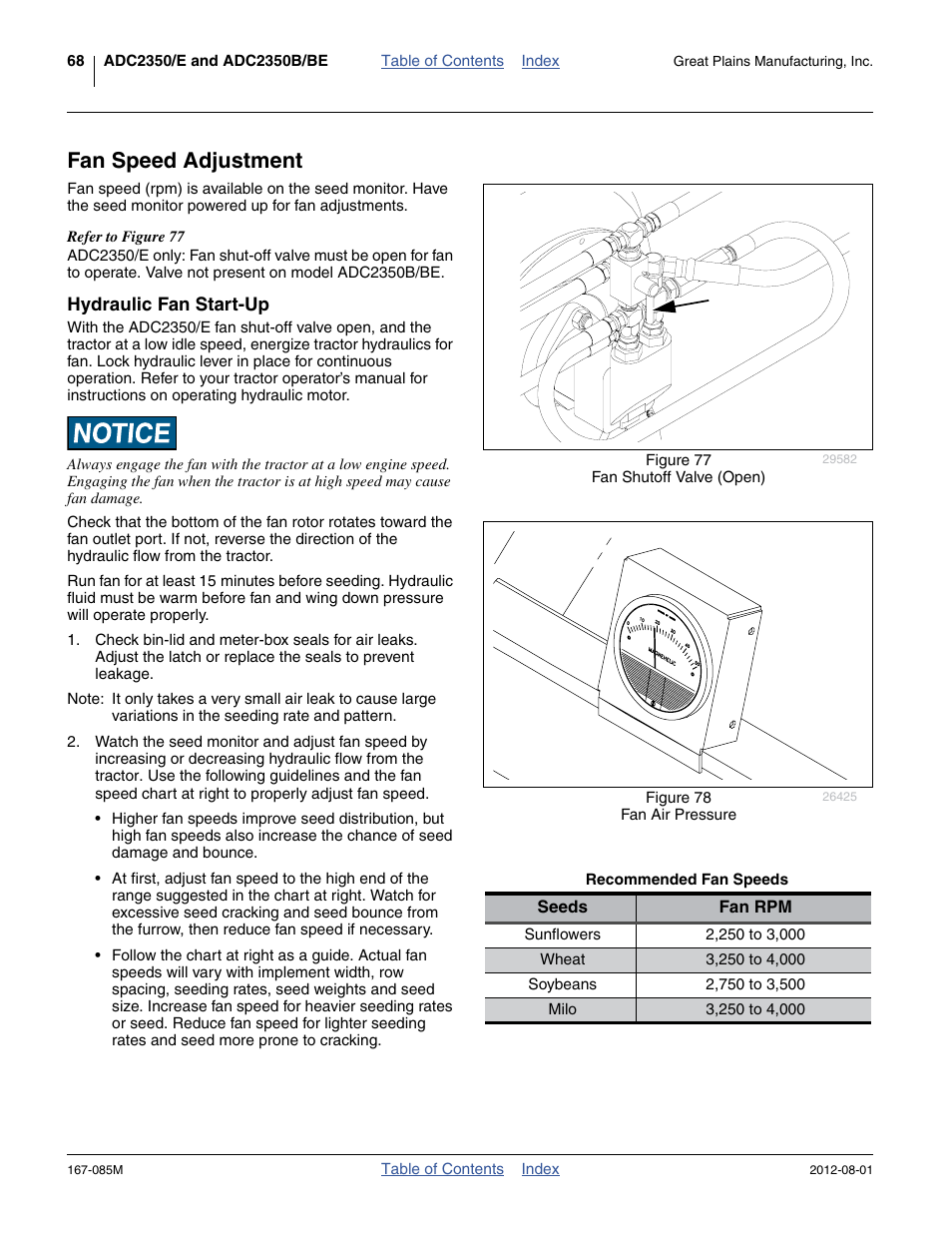 Fan speed adjustment, Hydraulic fan start-up, Recommended fan speeds | Great Plains ADC2350BE Operator Manual User Manual | Page 72 / 108