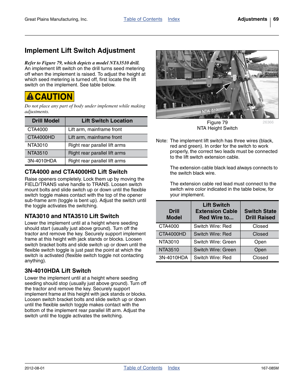 Implement lift switch adjustment, Cta4000 and cta4000hd lift switch, Nta3010 and nta3510 lift switch | 3n-4010hda lift switch | Great Plains ADC2350BE Operator Manual User Manual | Page 73 / 108