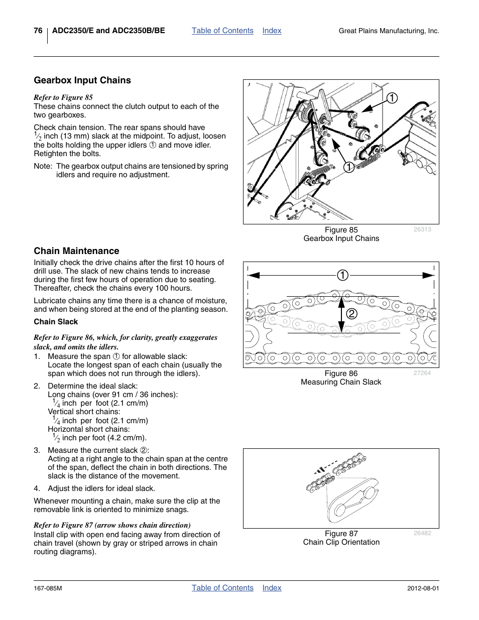 Gearbox input chains, Chain maintenance, Chain slack | Gearbox input chains chain maintenance | Great Plains ADC2350BE Operator Manual User Manual | Page 80 / 108