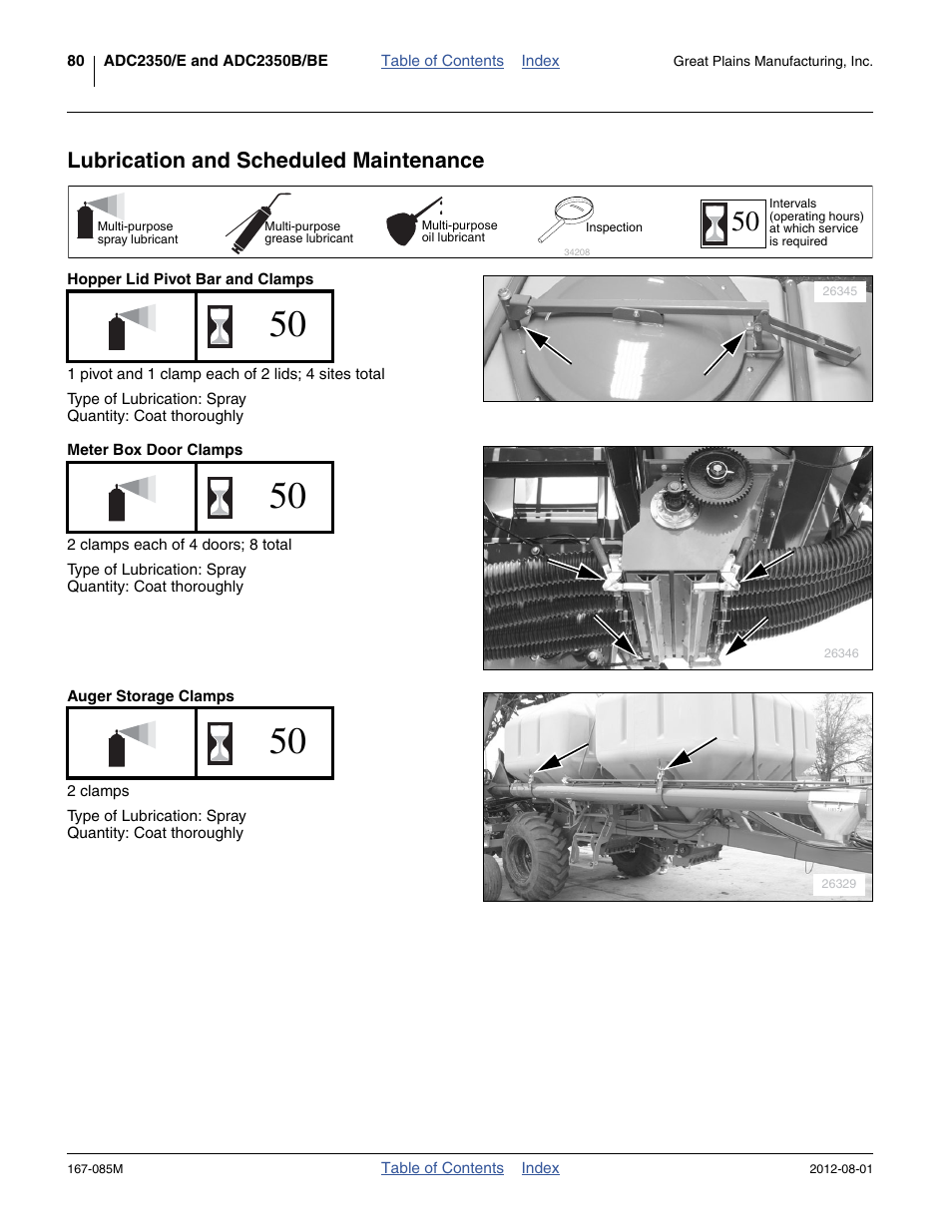 Lubrication and scheduled maintenance, Hopper lid pivot bar and clamps, Meter box door clamps | Auger storage clamps | Great Plains ADC2350BE Operator Manual User Manual | Page 84 / 108