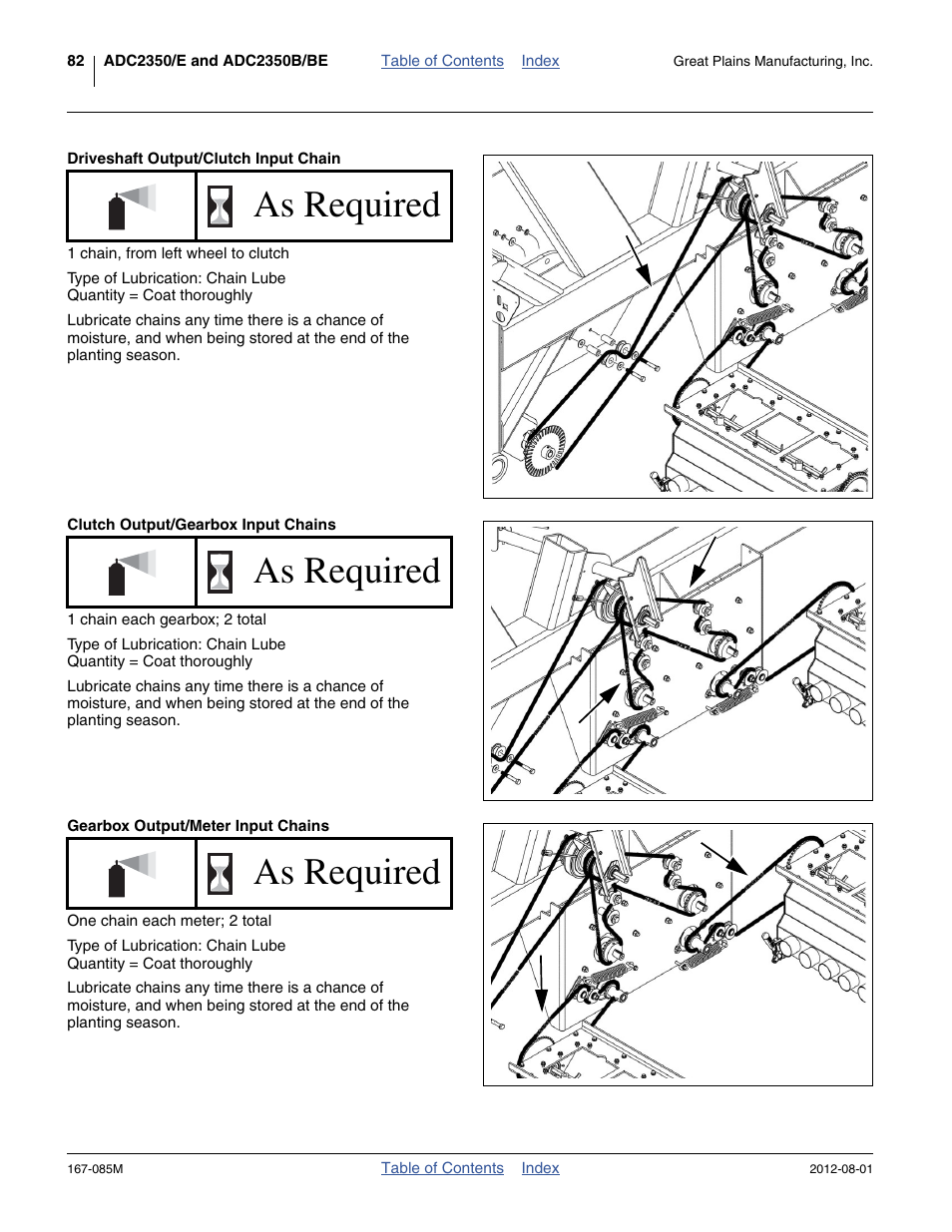 Driveshaft output/clutch input chain, Clutch output/gearbox input chains, Gearbox output/meter input chains | As required | Great Plains ADC2350BE Operator Manual User Manual | Page 86 / 108