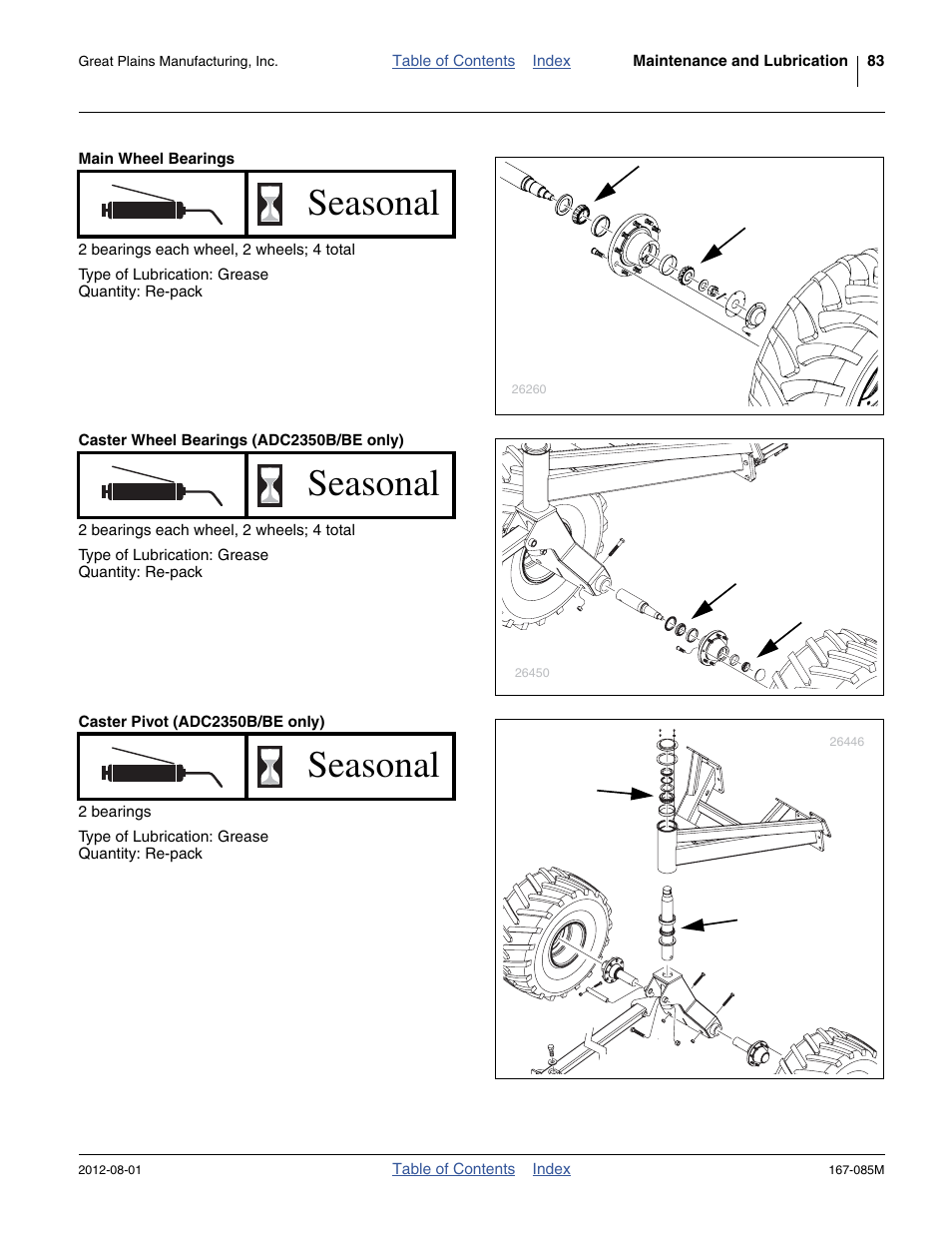 Main wheel bearings, Caster wheel bearings (adc2350b/be only), Caster pivot (adc2350b/be only) | Seasonal | Great Plains ADC2350BE Operator Manual User Manual | Page 87 / 108