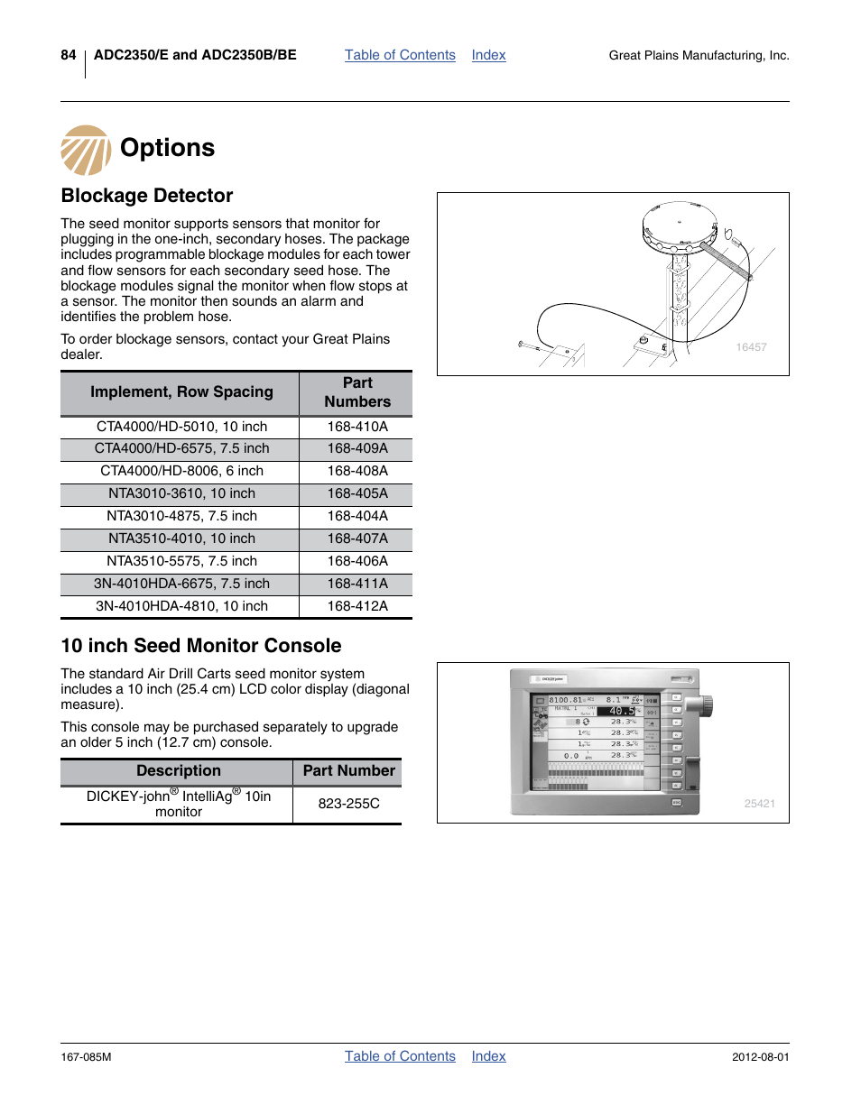 Options, Blockage detector, 10 inch seed monitor console | Great Plains ADC2350BE Operator Manual User Manual | Page 88 / 108