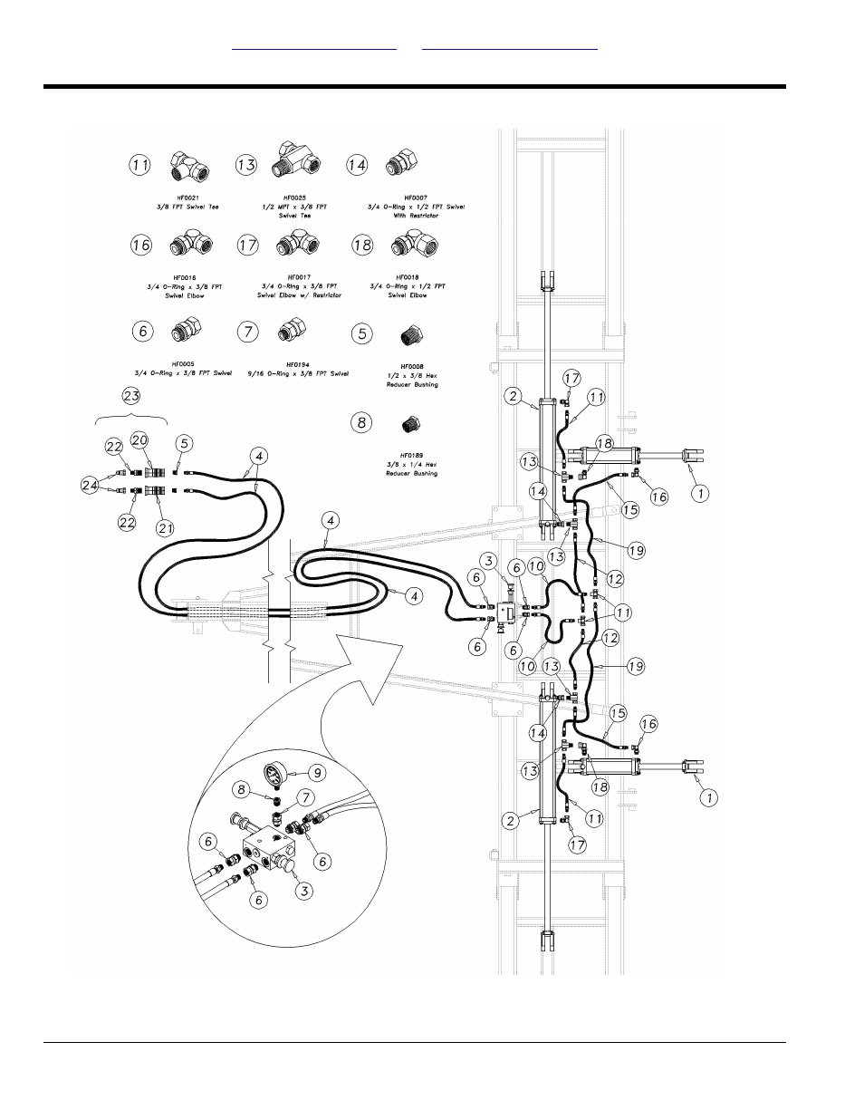 Hydraulic down pressure option layout (s/n, 1031hh-1085hh) | Great Plains 2335SC Parts Manual User Manual | Page 28 / 54