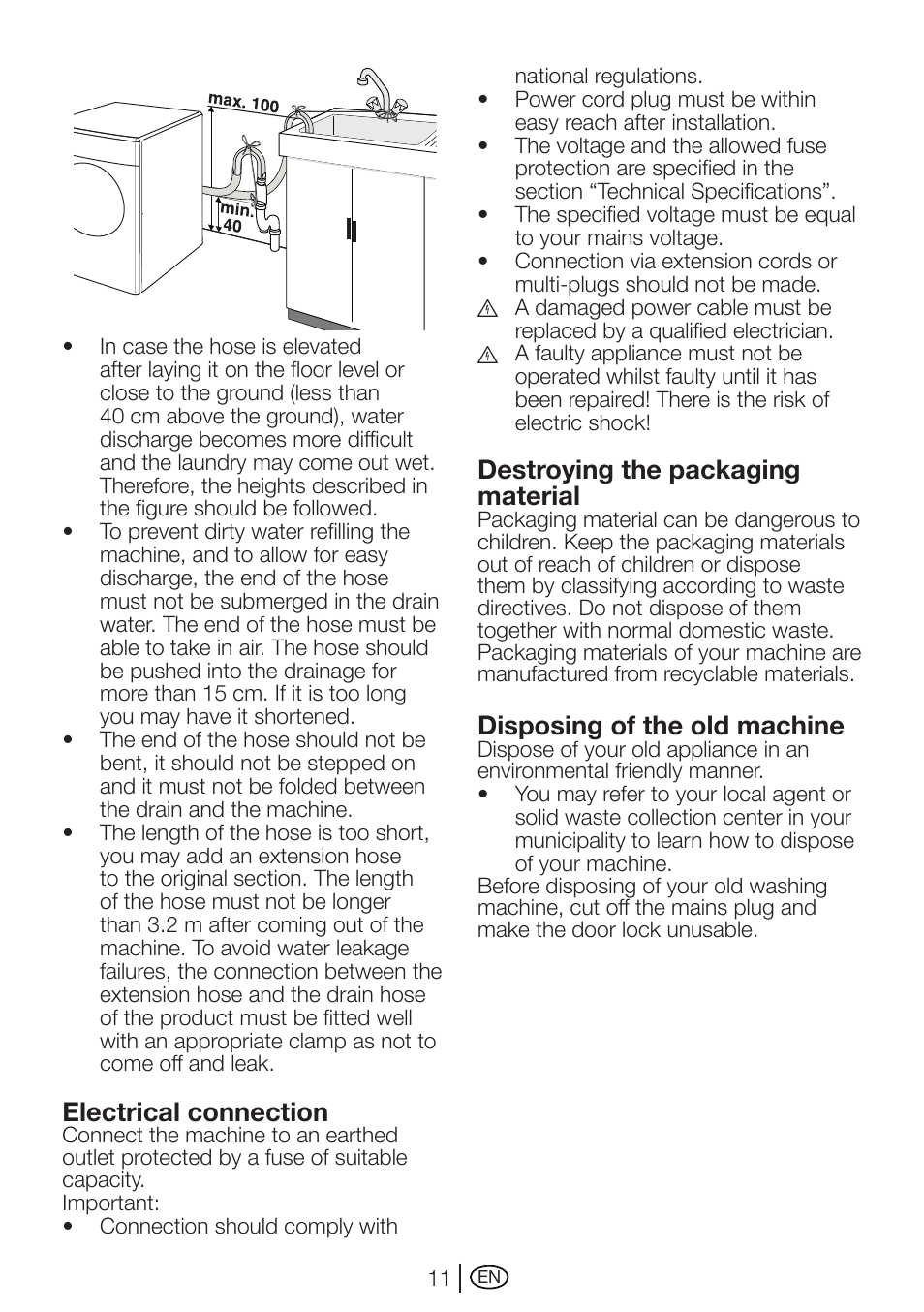 Electrical connection, Destroying the packaging material, Disposing of the old machine | Beko WMD 78144 User Manual | Page 11 / 40