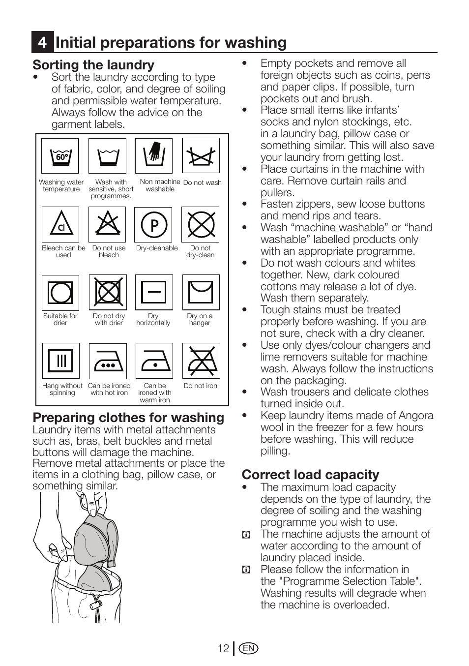 4initial preparations for washing, Sorting the laundry, Preparing clothes for washing | Correct load capacity | Beko WMD 78144 User Manual | Page 12 / 40