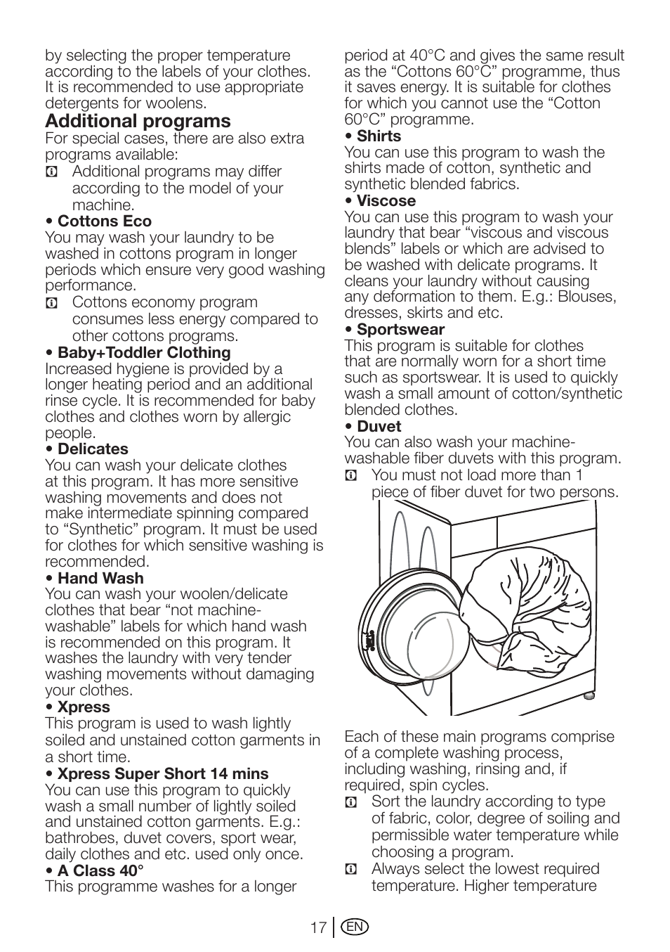 Additional programs | Beko WMD 78144 User Manual | Page 17 / 40