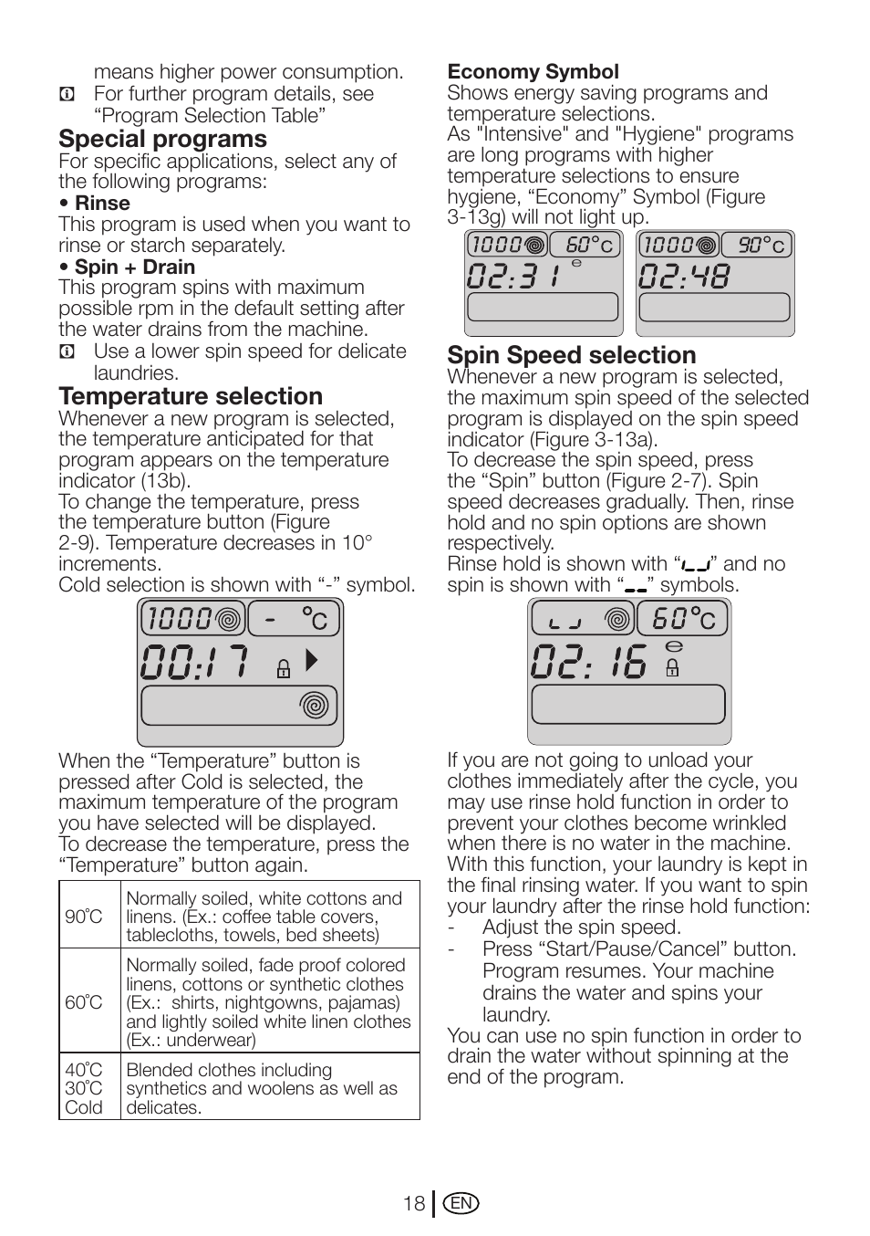 Special programs, Temperature selection, Spin speed selection | Beko WMD 78144 User Manual | Page 18 / 40