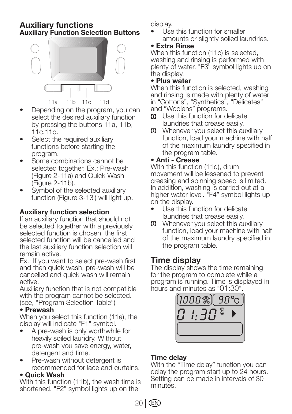 Auxiliary functions, Time display | Beko WMD 78144 User Manual | Page 20 / 40