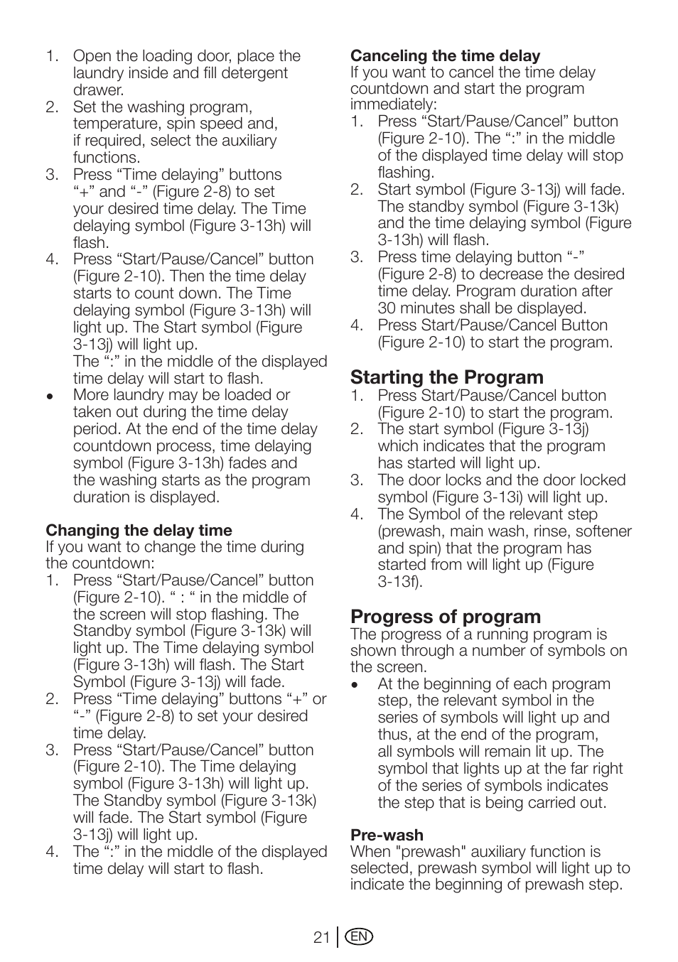 Starting the program, Progress of program | Beko WMD 78144 User Manual | Page 21 / 40