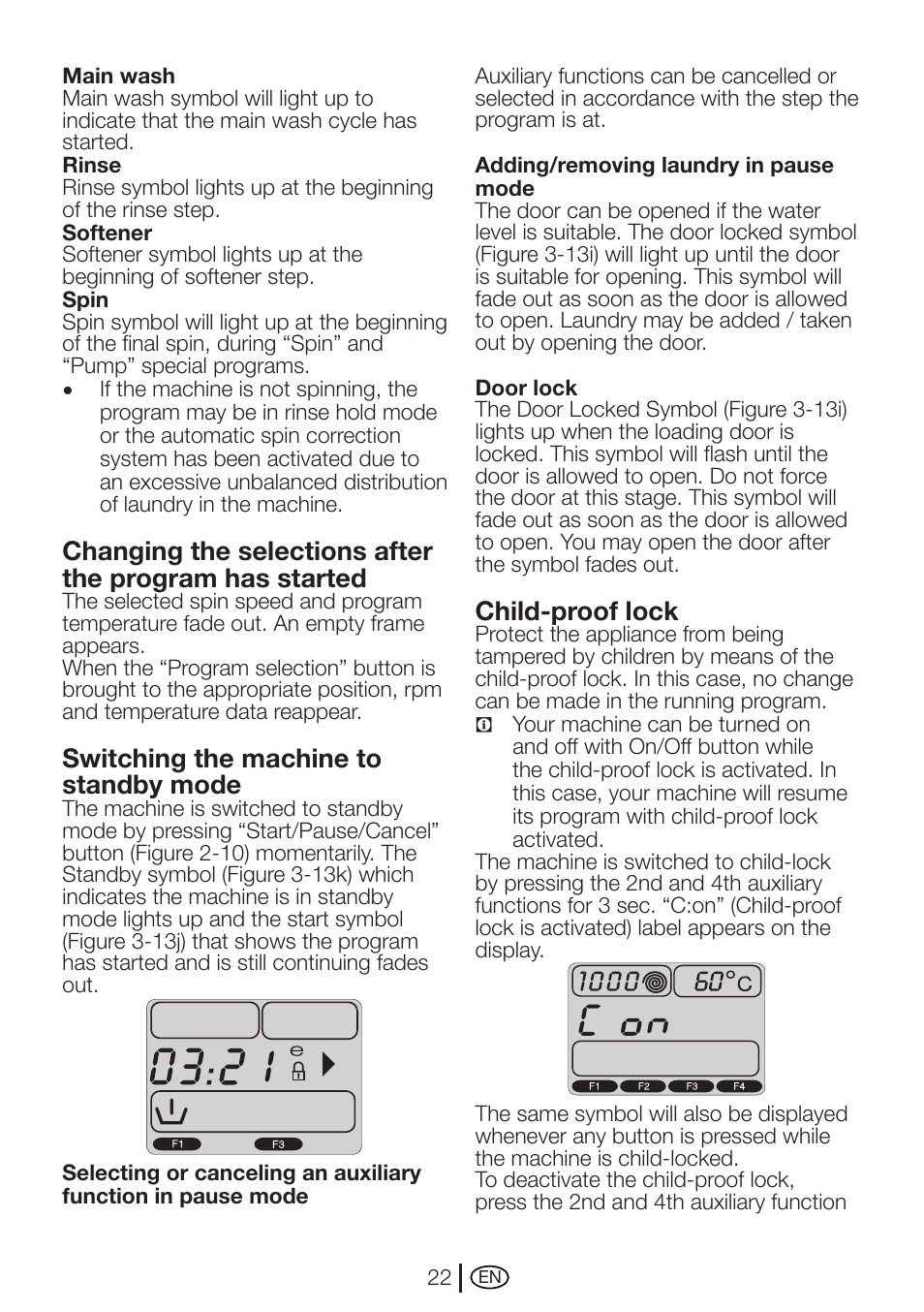 Switching the machine to standby mode, Child-proof lock | Beko WMD 78144 User Manual | Page 22 / 40