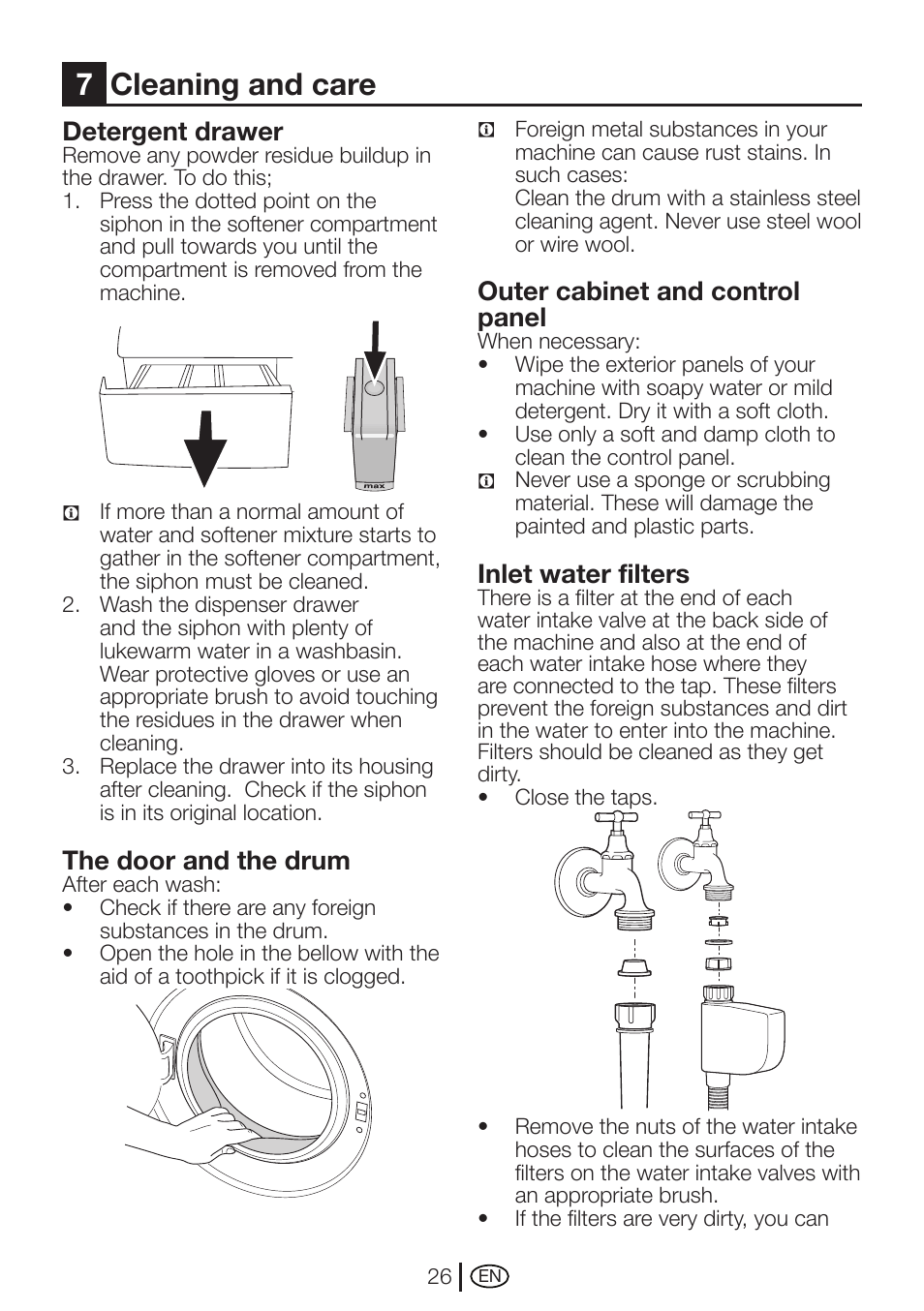 7cleaning and care, Detergent drawer, The door and the drum | Outer cabinet and control panel, Inlet water filters | Beko WMD 78144 User Manual | Page 26 / 40