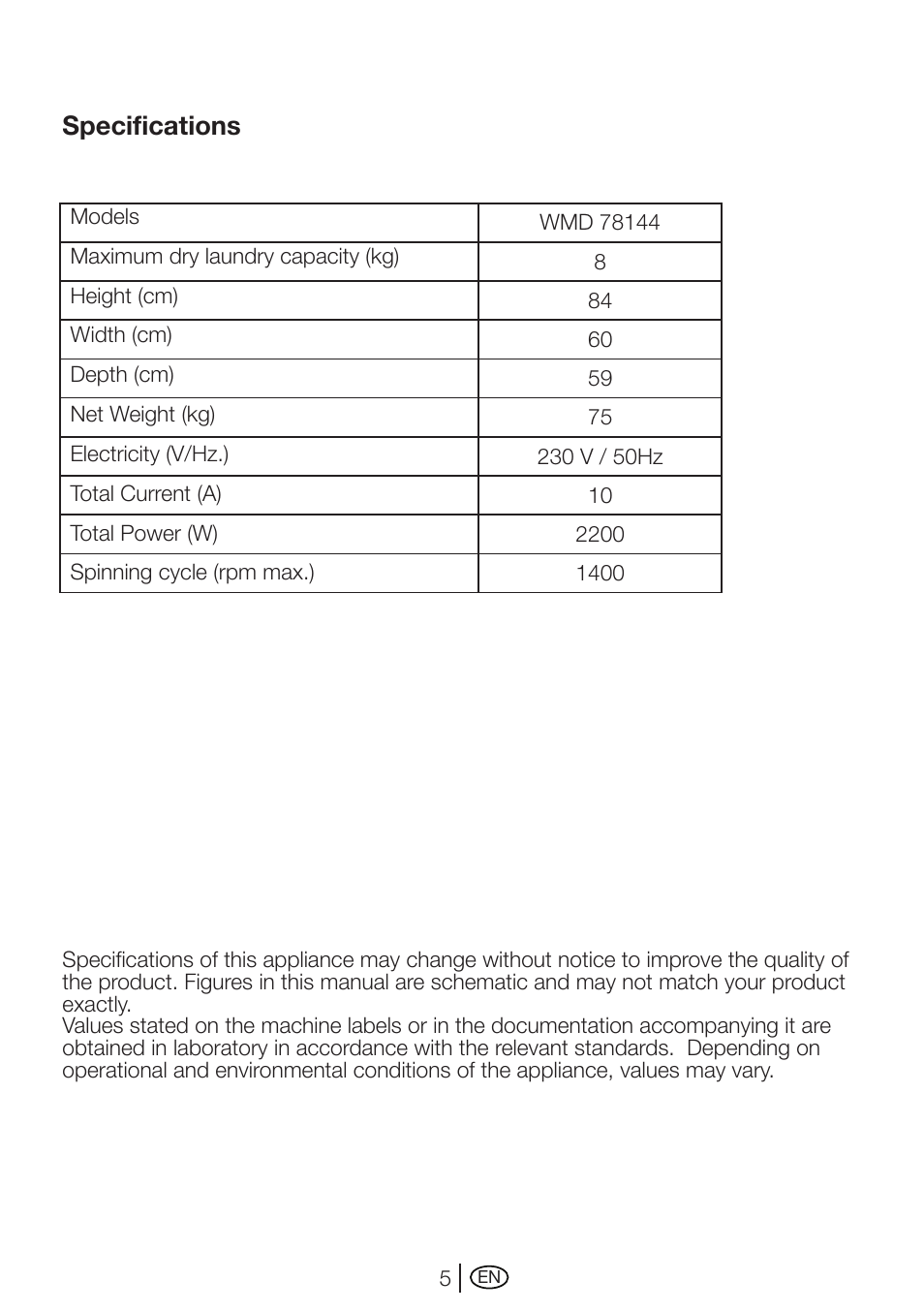 Specifications | Beko WMD 78144 User Manual | Page 5 / 40