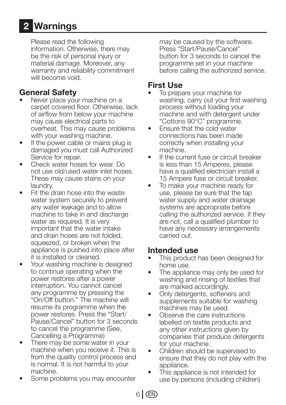 2warnings, General safety, First use | Intended use | Beko WMD 78144 User Manual | Page 6 / 40