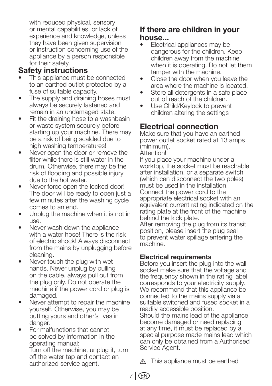 Safety instructions, If there are children in your house, Electrical connection | Beko WMD 78144 User Manual | Page 7 / 40