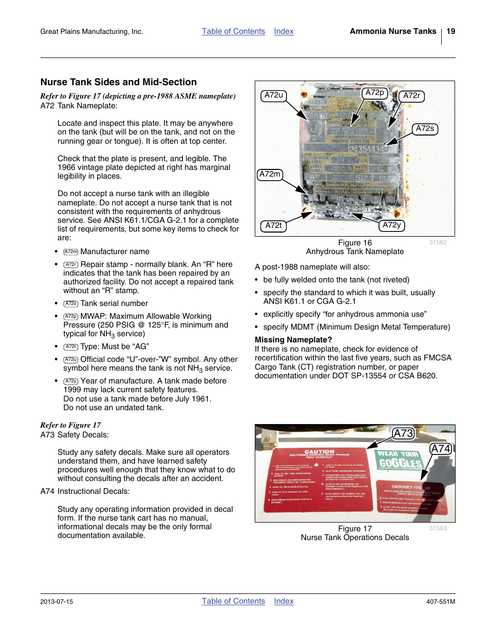 Nurse tank sides and mid-section, Missing nameplate, A73 a74 | Great Plains NH3 Safety User Manual | Page 23 / 50