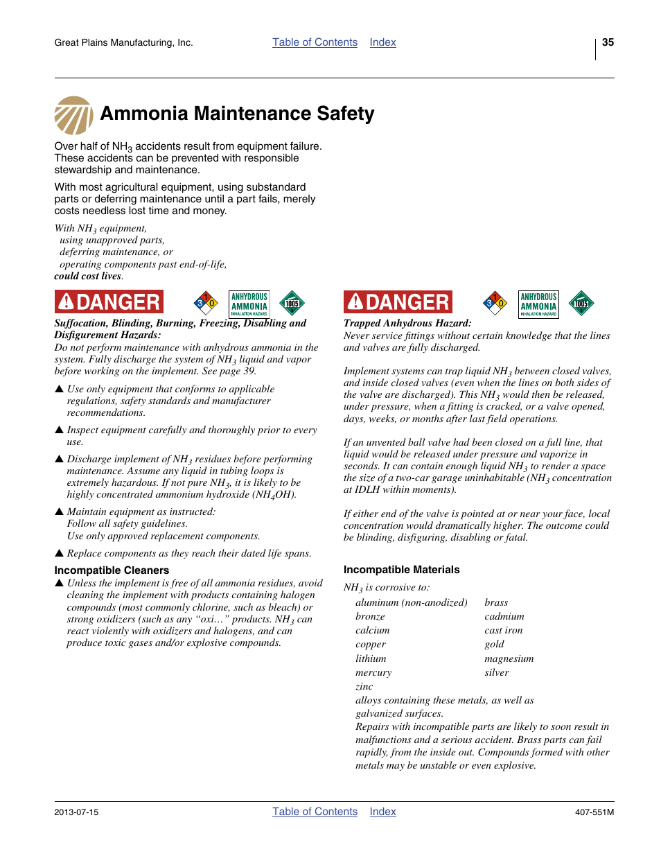 Ammonia maintenance safety, Incompatible materials, Incompatible cleaners | Incompatible materials incompatible cleaners | Great Plains NH3 Safety User Manual | Page 39 / 50