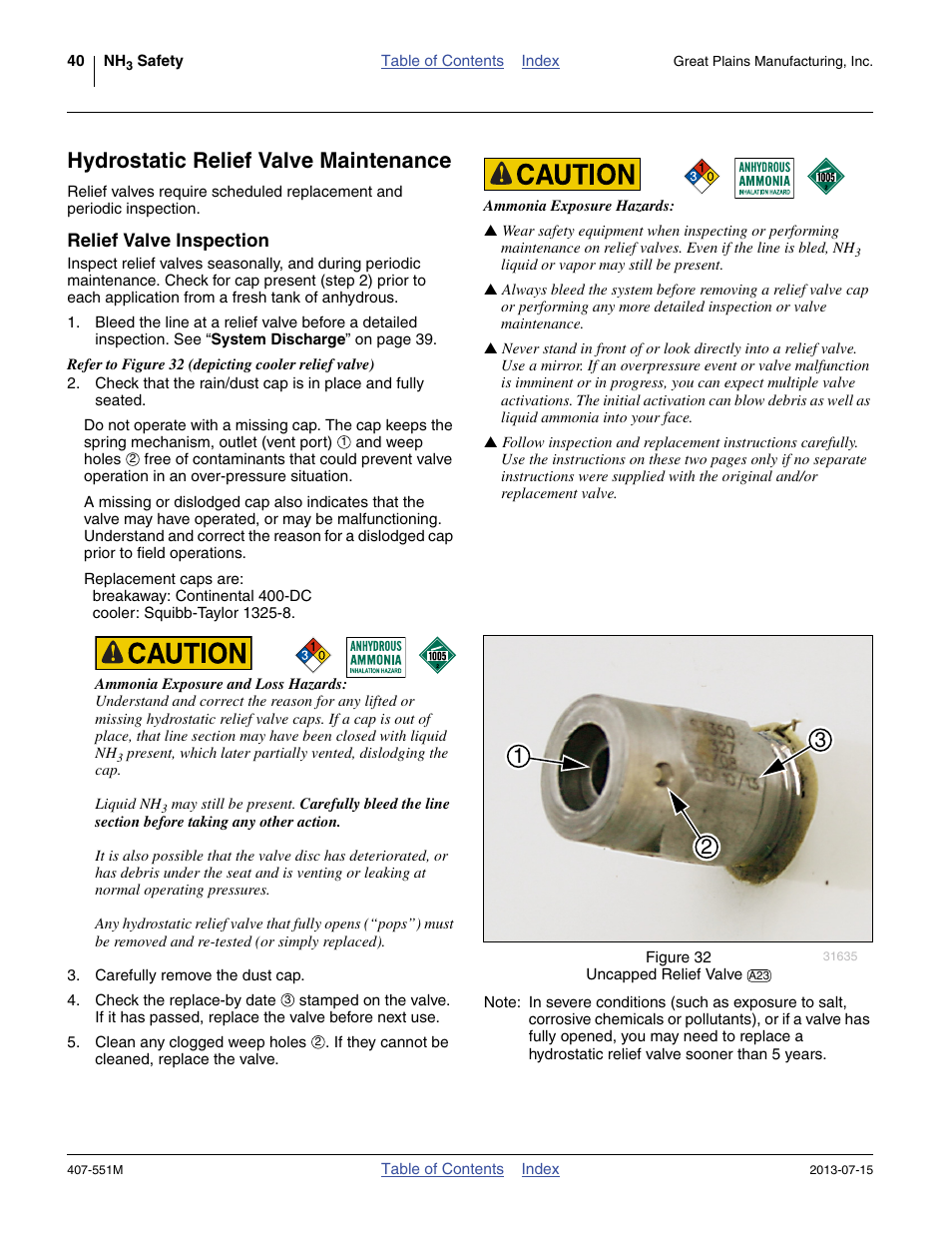 Hydrostatic relief valve maintenance, Relief valve inspection | Great Plains NH3 Safety User Manual | Page 44 / 50