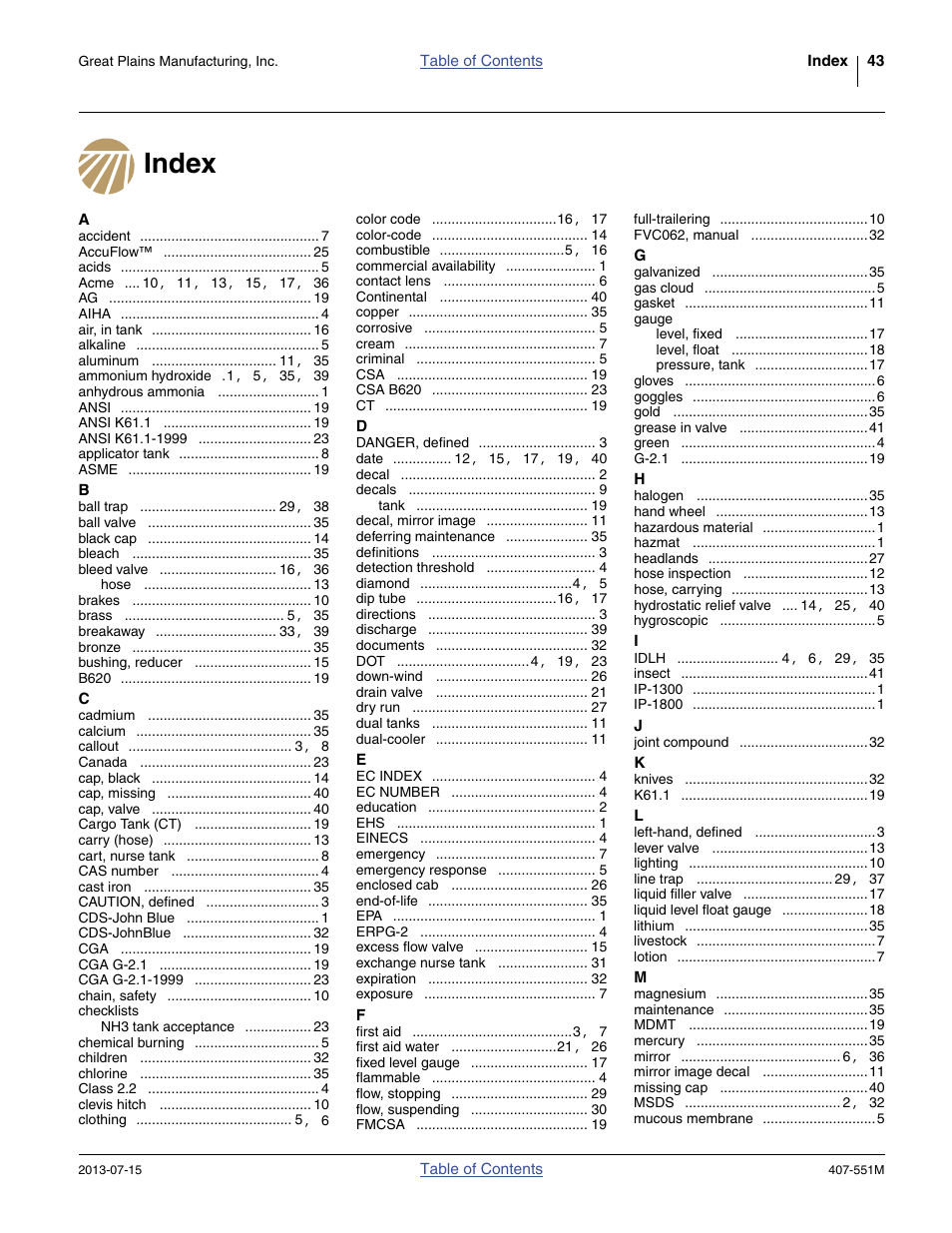 Index | Great Plains NH3 Safety User Manual | Page 47 / 50