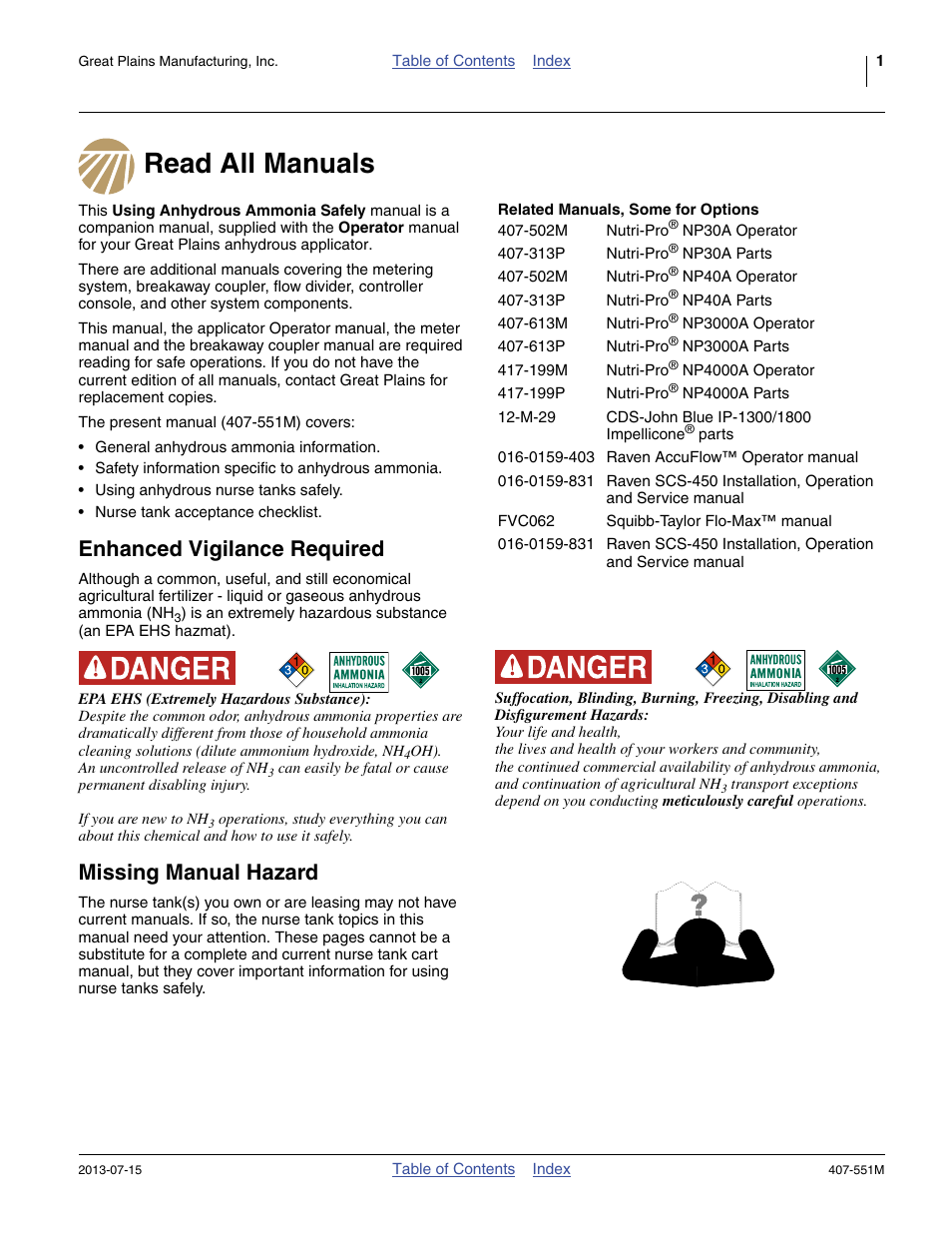 Read all manuals, Enhanced vigilance required, Missing manual hazard | Related manuals, some for options, Enhanced vigilance required missing manual hazard | Great Plains NH3 Safety User Manual | Page 5 / 50