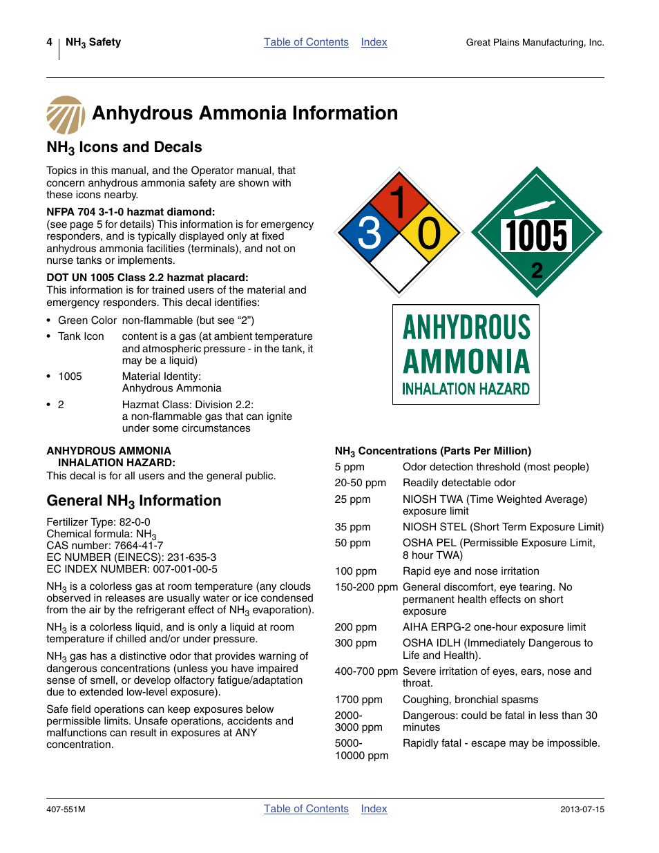 Anhydrous ammonia information, Nh3 icons and decals, Nfpa 704 3-1-0 hazmat diamond | Dot un 1005 class 2.2 hazmat placard, Anhydrous ammonia inhalation hazard, General nh3 information, Nh3 concentrations (parts per million), Anhydrous ammonia information nh, Inhalation hazard, General nh | Great Plains NH3 Safety User Manual | Page 8 / 50