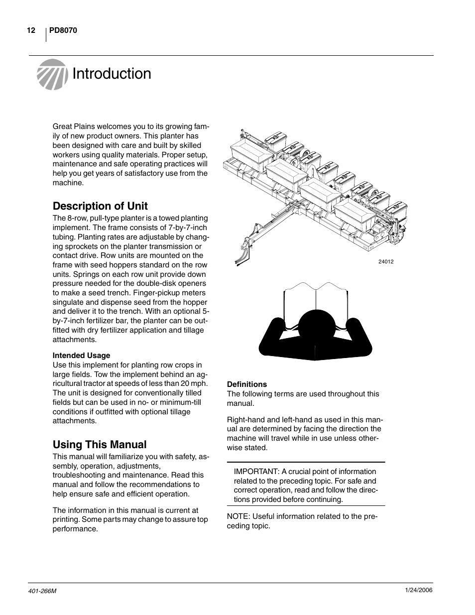 Introduction, Description of unit, Intended usage | Using this manual, Definitions | Great Plains PD8070 Operator Manual User Manual | Page 14 / 57
