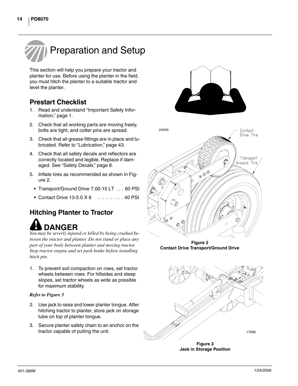 Preparation and setup, Prestart checklist, Hitching planter to tractor | Danger | Great Plains PD8070 Operator Manual User Manual | Page 16 / 57