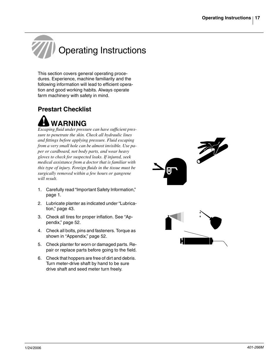 Operating instructions, Prestart checklist, Warning | Great Plains PD8070 Operator Manual User Manual | Page 19 / 57