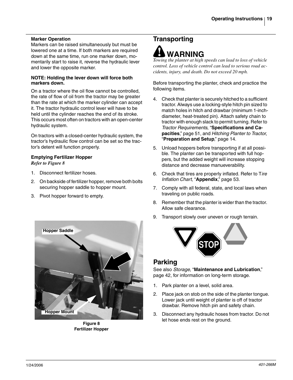 Marker operation, Emptying fertilizer hopper, Transporting | Parking, Warning | Great Plains PD8070 Operator Manual User Manual | Page 21 / 57