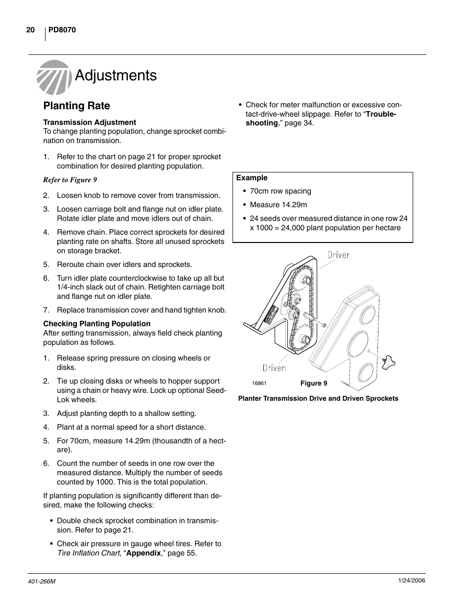 Adjustments, Planting rate, Transmission adjustment | Checking planting population | Great Plains PD8070 Operator Manual User Manual | Page 22 / 57