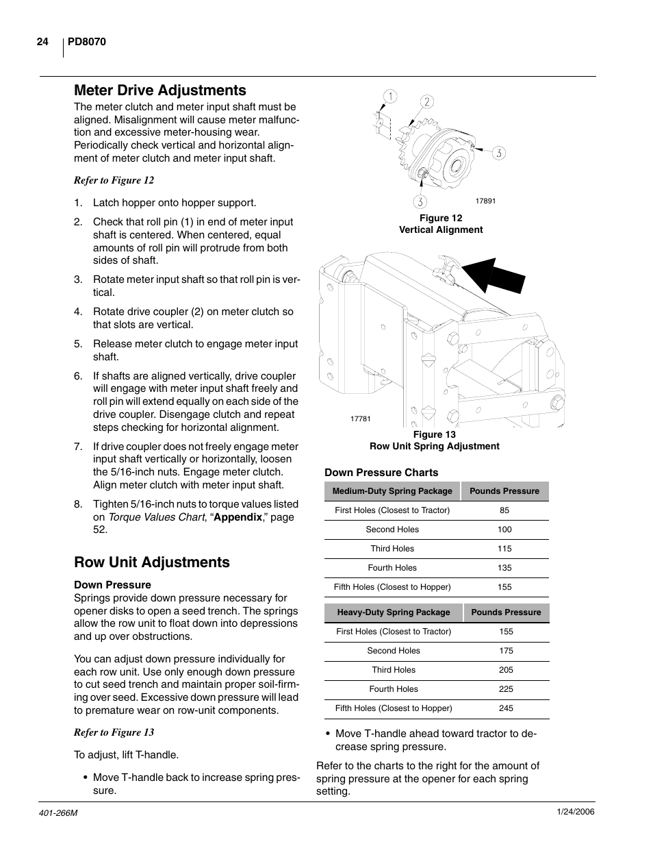 Meter drive adjustments, Row unit adjustments, Down pressure | Down pressure charts | Great Plains PD8070 Operator Manual User Manual | Page 26 / 57