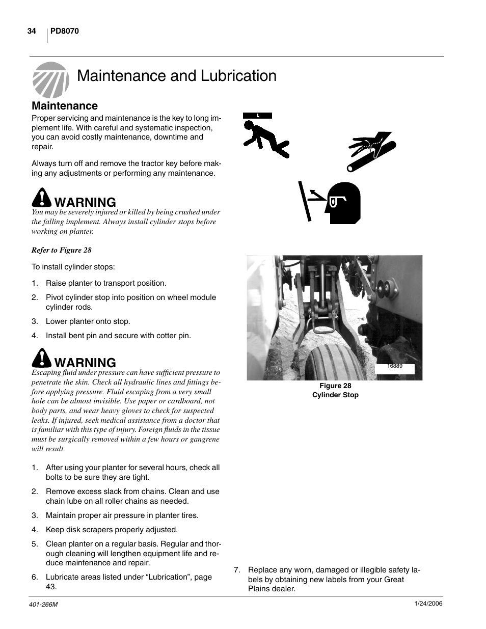 Maintenance and lubrication, Maintenance, Warning | Great Plains PD8070 Operator Manual User Manual | Page 36 / 57