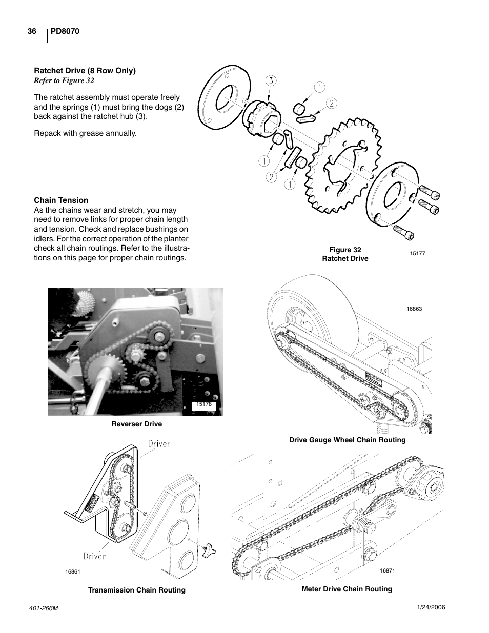 Ratchet drive (8 row only), Chain tension | Great Plains PD8070 Operator Manual User Manual | Page 38 / 57