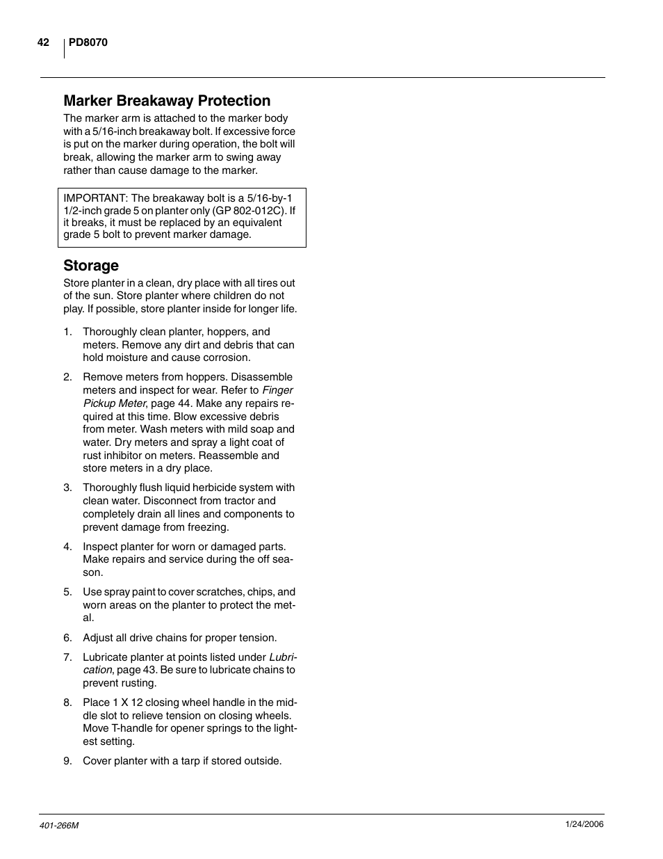 Marker breakaway protection, Storage | Great Plains PD8070 Operator Manual User Manual | Page 44 / 57