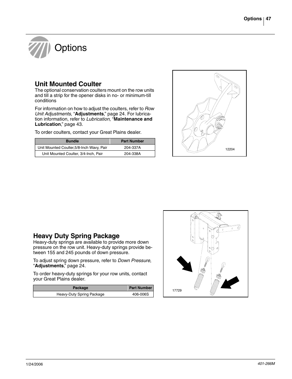 Options, Unit mounted coulter, Heavy duty spring package | Great Plains PD8070 Operator Manual User Manual | Page 49 / 57