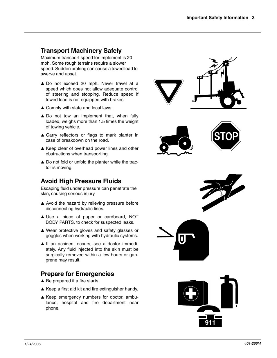 Transport machinery safely, Avoid high pressure fluids, Prepare for emergencies | Great Plains PD8070 Operator Manual User Manual | Page 5 / 57