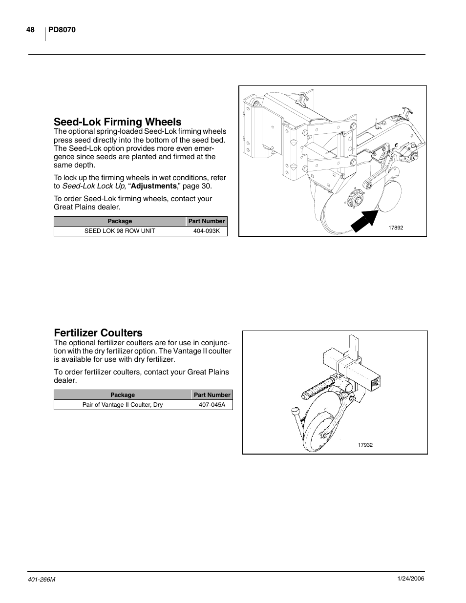 Seed-lok firming wheels, Fertilizer coulters | Great Plains PD8070 Operator Manual User Manual | Page 50 / 57