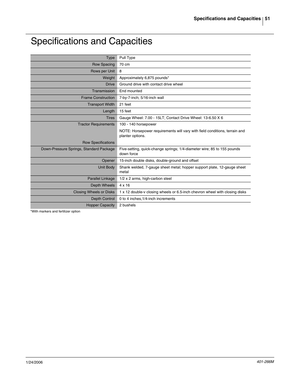 Specifications and capacities | Great Plains PD8070 Operator Manual User Manual | Page 53 / 57