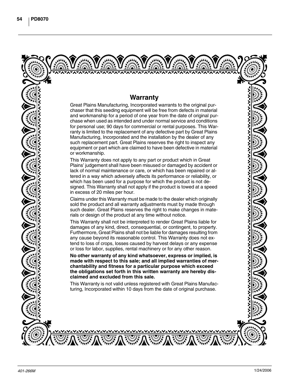 Warranty | Great Plains PD8070 Operator Manual User Manual | Page 56 / 57