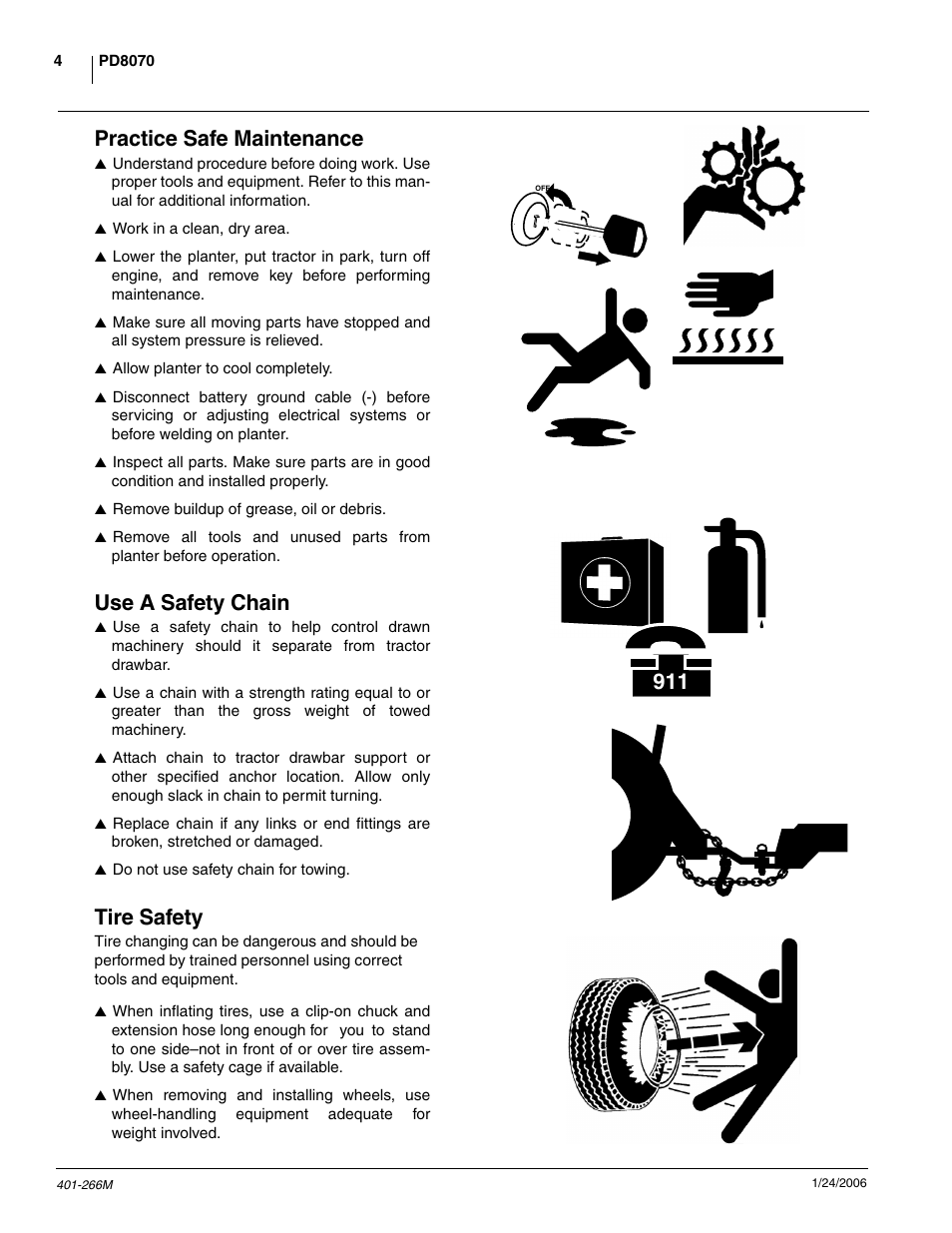 Practice safe maintenance, Use a safety chain, Tire safety | Great Plains PD8070 Operator Manual User Manual | Page 6 / 57