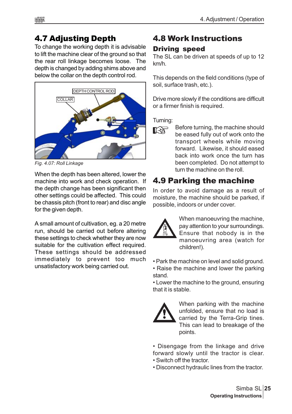 7 adjusting depth, 8 work instructions, 9 parking the machine | Great Plains P14889 Serial No 18007975 User Manual | Page 25 / 34