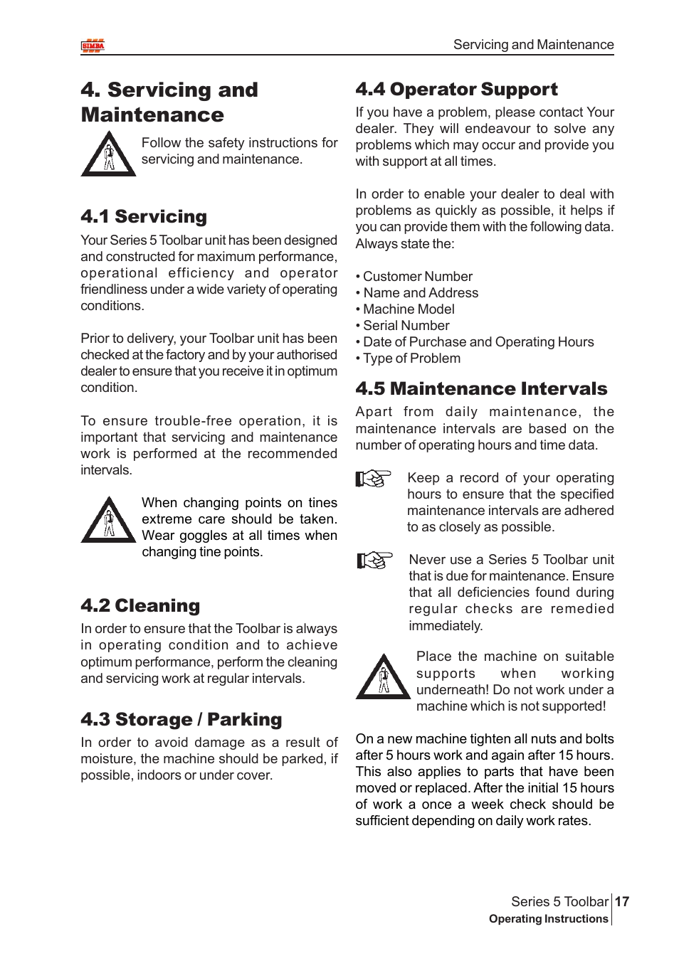 Servicing and maintenance, 4 operator support, 1 servicing | 2 cleaning, 3 storage / parking, 5 maintenance intervals | Great Plains P14222 User Manual | Page 17 / 34