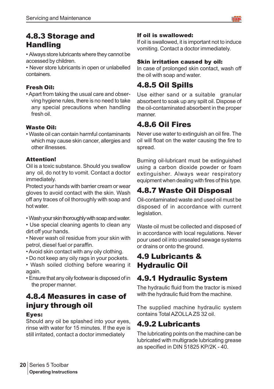 3 storage and handling, 5 oil spills, 6 oil fires | 7 waste oil disposal, 2 lubricants, 4 measures in case of injury through oil | Great Plains P14222 User Manual | Page 20 / 34