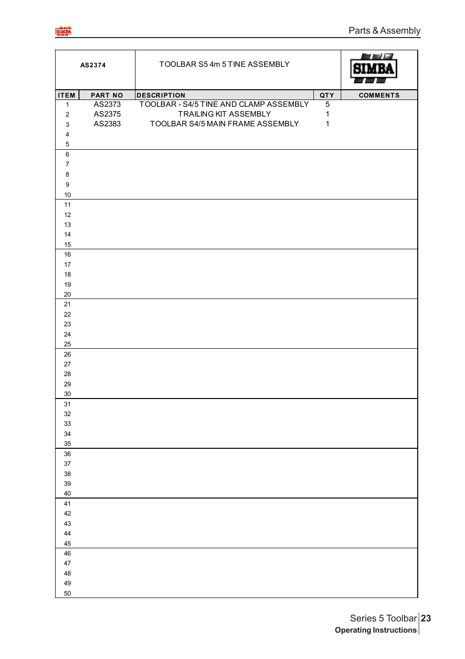 23 series 5 toolbar, Parts & assembly | Great Plains P14222 User Manual | Page 23 / 34