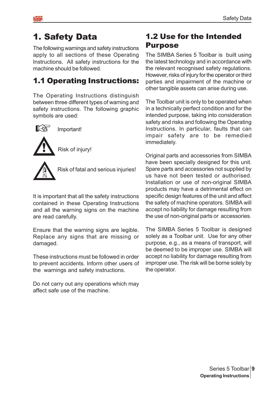 Safety data, 1 operating instructions, 2 use for the intended purpose | Great Plains P14222 User Manual | Page 9 / 34